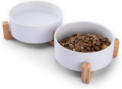 MateeyLife Ceramic Dog and Cat Bowls with Stand, 2-Pack Food and Water Bowl Set - Non-Slip Pet Bowls for Cats,Puppies and Small Dogs, 13.5OZ（White）