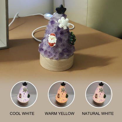 Youhot Natural Amethyst Crystal Tree Lamp - Healing Gemstone Pine Tree LED Night Light, 3.7 Inch Small Table Lamp with Wooden Base, Spiritual Home Office Decor, Zen Meditation Gift for Women & Men
