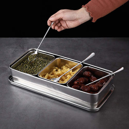 OUKENS Seasoning Container, 3‑Grid Stainless Steel Seasoning Rack Spice Pots Storage Container Condiment Jars Cruet with Cover and Spoon for Spice Salt Sugar