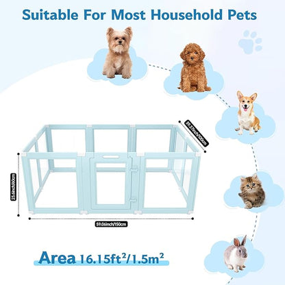 DIY Clear Acrylic Dog Playpen Indoor, Transparent Easy Cleansing Puppy Fence with Suction Cup, Easy-Assemble Indoor Whelping Crate for Small Puppies (23.6" H, 10PCS), Blue