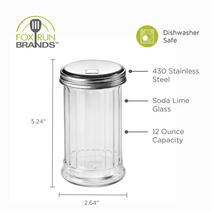 Fox Run Classic Glass Sugar Shaker, 12 Ounce Salt and Sugar Container With Stainless Steel Lid