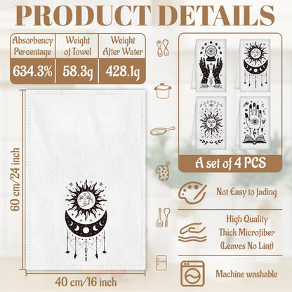 WADORN 4 Styles Gothic Divination Kitchen Towels, 24x16 Inch Funny Witchy Tarot Moon Phases Sun Decorative Dish Towels Soft Absorbent Dish Cloths for Cooking Baking Housewarming