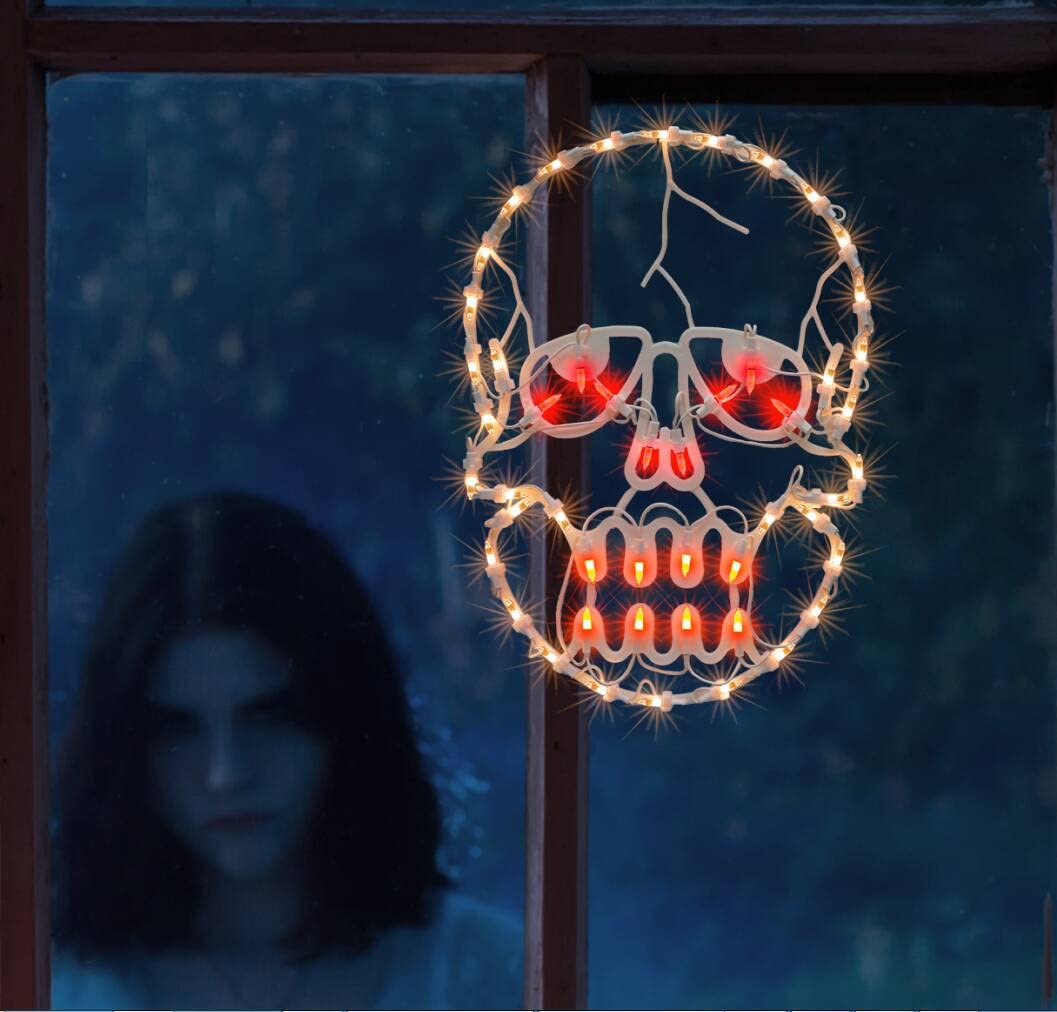 JUSTPRO 13.3" Lighted Skull Halloween Window Silhouette Decoration,Halloween Lighted Window Decoration,Hanging Light Up Holiday Ornament (Skull Light)
