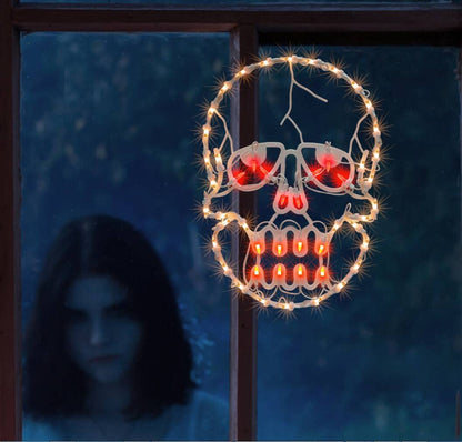 JUSTPRO 13.3" Lighted Skull Halloween Window Silhouette Decoration,Halloween Lighted Window Decoration,Hanging Light Up Holiday Ornament (Skull Light)