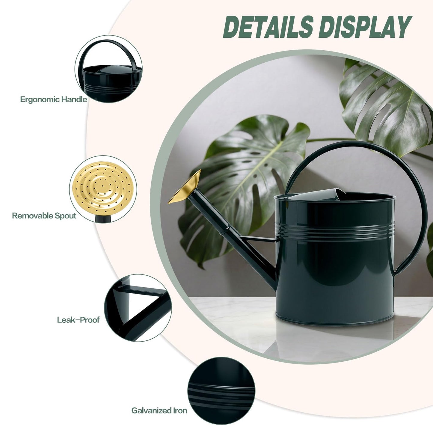 LONGRUN 2.5 Gallon Dark Green Metal Watering Can for Plants and Garden with Removable Spout, Made of Galvanized Iron