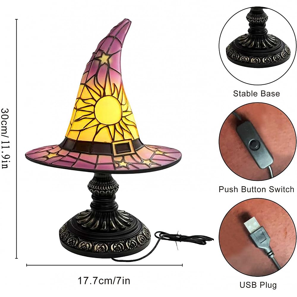Loisdaro Witch Hat Lamps - Handcrafted Stained Gothic Wizard Hat Lights for Decor,Light with Glow-in-The-Dark Figurine for Bedroom， Mystical Bedroom Ambiance & Wiccan Gifts