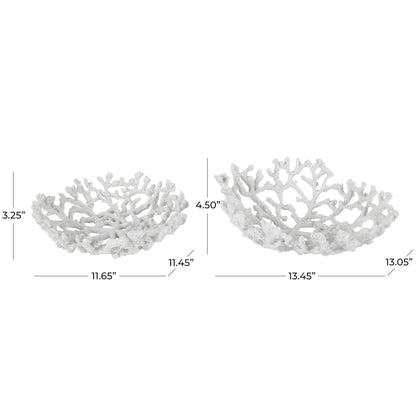 Deco 79 Resin Coral Decorative Bowl Decorative Bowl Textured Decorative Containers, Set of 2 Decorative Keepsake Boxes 13", 12"W, White