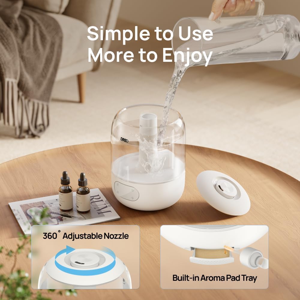 Dreo Humidifiers for Bedroom, 3L Top Fill 30H & 26dB Quiet Runtime for Large Room, Cool Mist Ultrasonic Humidifier with Humidity Sensor, Night Light for Home, Baby, Nursery, Plants, 360° Nozzle, White