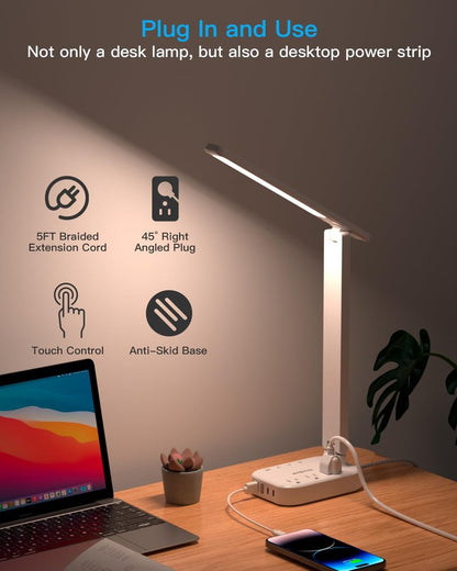 One Beat Small LED Desk Lamp Power Strip 5ft Extension Cord with 3 Outlets 4 USB Ports(2 USB C), 4 Modes, 5 Level Touch Lamp Study Reading Light, Home Office Bedroom College Dorm Room Essentials,White