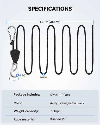 Keovoker 4Pack Retractable Ratchet Tie Down Straps, 13 Ft 1/8” Adjustable Rope Roller, Heavy Duty Ratcheting Pulley System with 2 Carabiner Hook, for Xmars Decor, Hanging Plants, Grow Lights