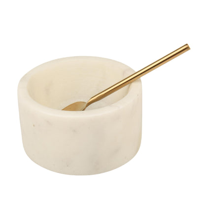 Cruiser’s Caché 3 Piece White Marble Salt and Spice Cellar or Dipping Bowls with Wood Tray and Gold Spoons