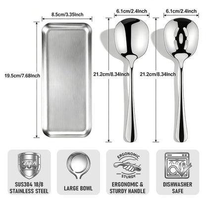 4-Piece Serving Spoons Set with 2 Spoon Rests, 18/8 Stainless Steel, 2 Slotted & 2 Solid Serving Spoons, Heavy Duty 304 Tableware for Buffet, Banquet & Kitchen Use