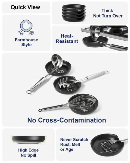 LE TAUCI Ceramic Spoon Rest for Stove Top, 5 Inch Spoon Holder for Kitchen Counter Set of 4, Kitchen Gadgets, Coffee Spoon Cradle, Home Accessories for Utensils, Dishwasher Safe, Black