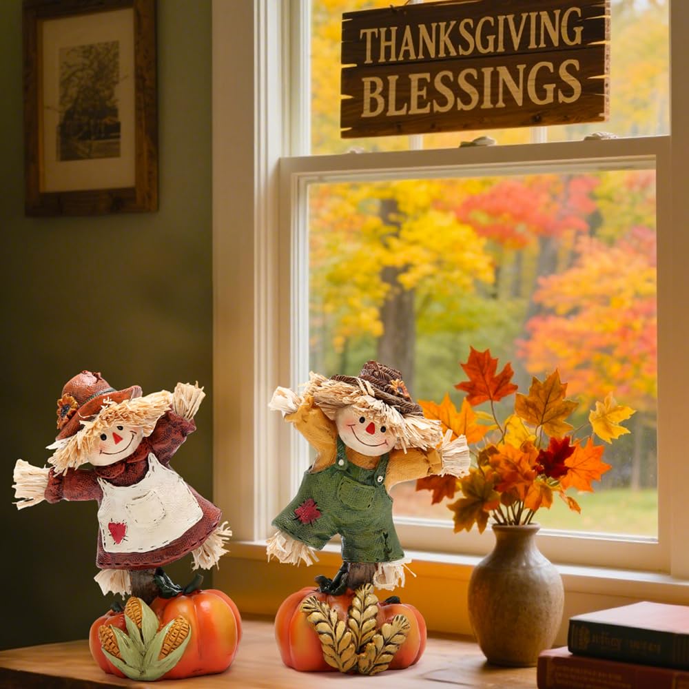 Hodao Collectible Thanksgiving Pumpkin Scarecrow Figurines Harvest Scarecrow Decoration Fall Decorations for Home Handcrafted Artistry Decor Thanksgiving Gifts Tabletop Decor