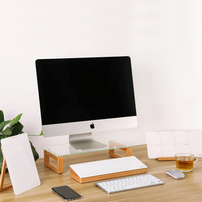 Glass Desktop Whiteboard with Wood Organizer for Small Office Accessories, Aesthetic Desk Dry Erase White Board with Drawer for Home Office Cubicle, Marker & Eraser Included, Yeoux