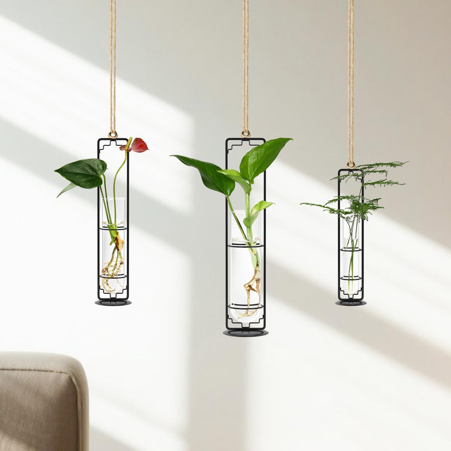 MIPON Metal Hanging Plant Propagation Station,3 Size Glass Test Tube Hydroponic Planter,Boho Wall Hanging Plant Cuttings Holder,Indoor Water Plant Terrarium Tubes for Home Office Window Decor-Black