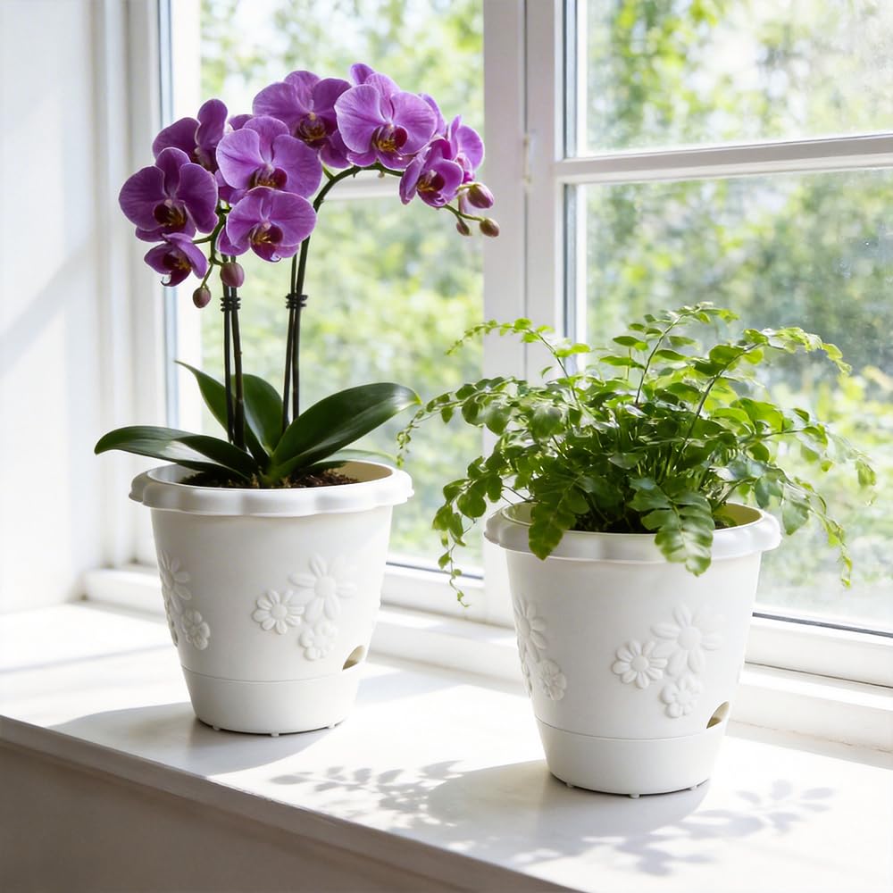 ULIKEIT 8 Inch Self Watering Pots for Indoor Plants, Set of 4 Plastic Planters with Drainage Holes and Saucers, Outdoor Flower Pots Home Garden Modern Decor (White)