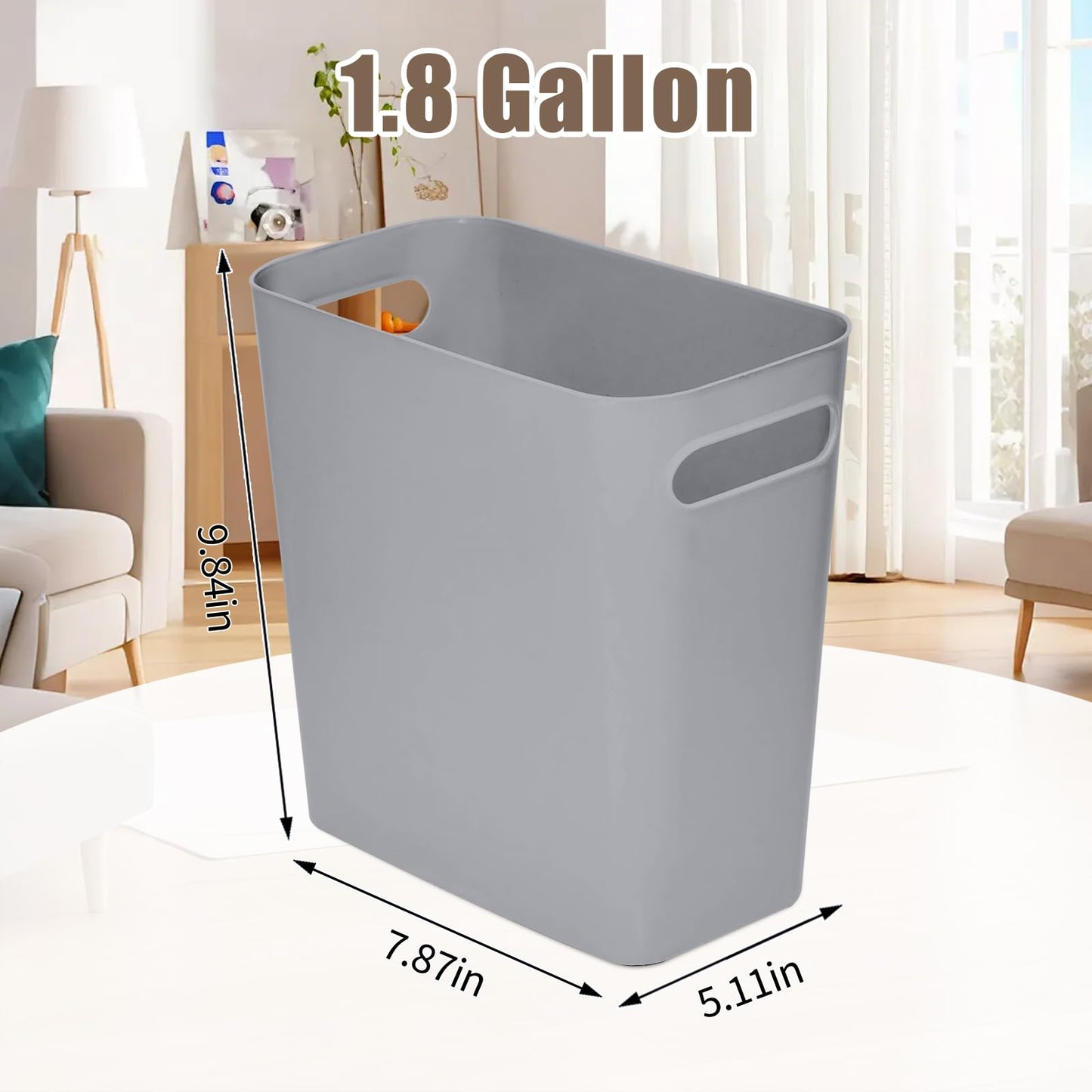 VKPLITE Versatile 1.8 Gallon Plastic Trash Can - The Compact Bin for Bathroom, Kitchen, or Home Office - Grey