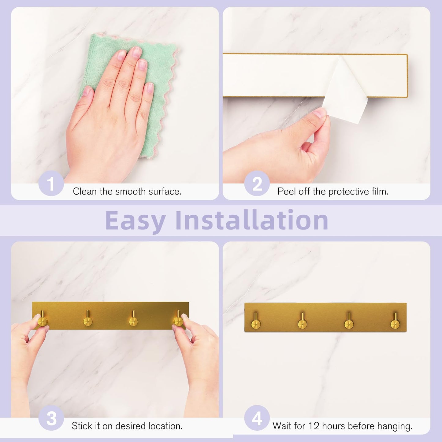 VIS'V Key Holder Wall Mount, Large Adhesive Key Hanger with 4 Hooks, Gold