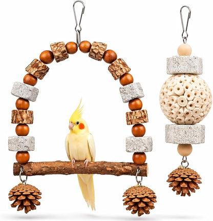 2 Pack Natural Bird Toys Set - Arch Wood Swing & Sola Ball Shreddable Toy - Foraging Hanging Perch with Pine Cones & Pumice Stone Beak Trimmer, Cage Accessories for Cockatiel, Conure, Parakeets