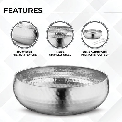 Avador® Set of 3 Premium Stainless Steel Salad Mixing Bowl Hammered Finish | Handmade | Includes Salad Serving Utensils (Stainless Steel)
