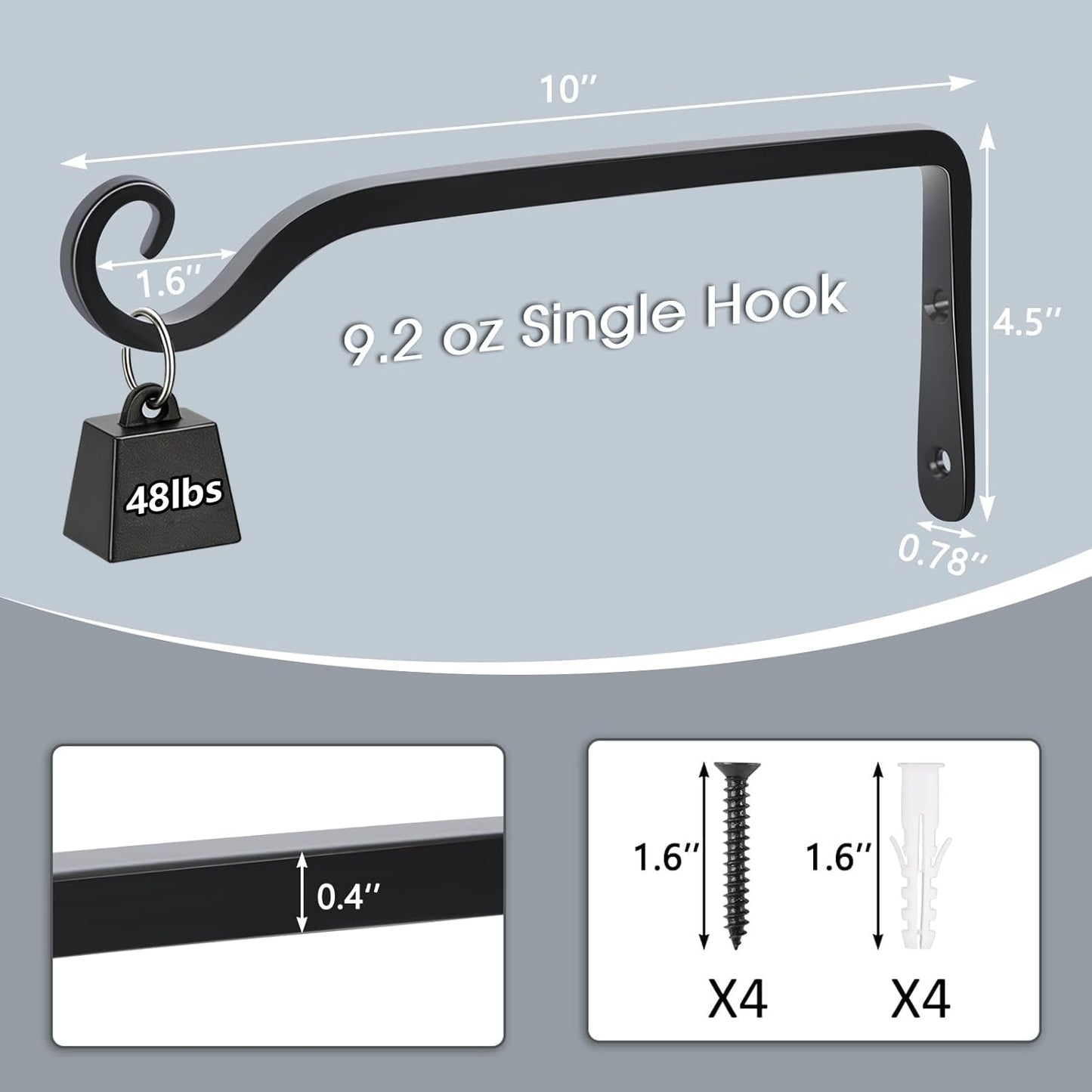 Gtongoko 2 Pack 10 Inch Plant Hangers Outdoor Metal, Plant Hooks for Wall Indoor, 48lb Capacity Outdoor Hooks for Hanging Bird Feeders, Lanterns, Wind Chime, Black