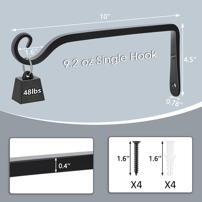 Gtongoko 2 Pack 10 Inch Plant Hangers Outdoor Metal, Plant Hooks for Wall Indoor, 48lb Capacity Outdoor Hooks for Hanging Bird Feeders, Lanterns, Wind Chime, Black
