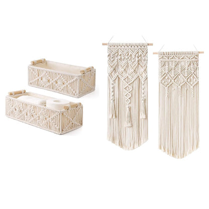 Mkono Macrame Storage Baskets and Macrame Macrame Woven Wall Hanging for Bedroom, Living Room, Nursery, Dorm, Teen Girl Gifts, Set of 3