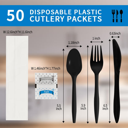 50Pack Plastic Cutlery Packets, Knife Fork Spoon Napkin Salt Pepper Sets, Individually Wrapped Black Plastic Cutlery Packets for Delivery, Cafeterias, Restaurants