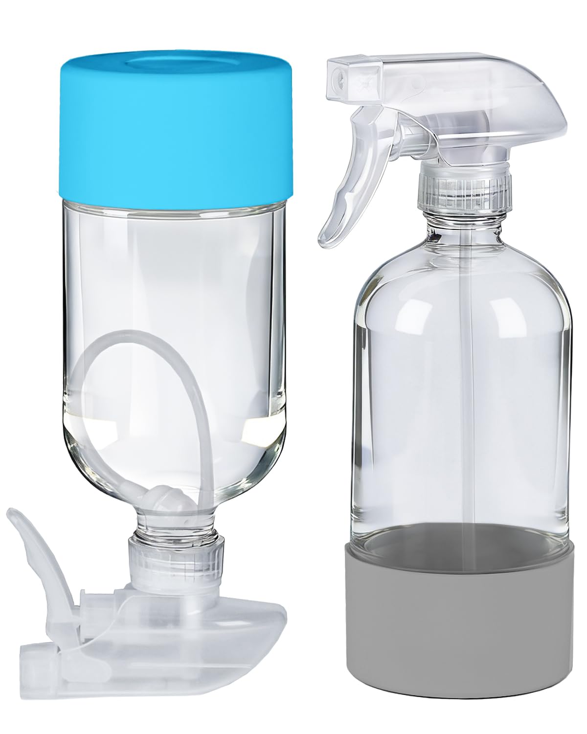 TERESRY 2 Pack 360° Glass Spray Bottles with Silicone Sleeve, 16 oz Empty Refillable Containers with Adjustable Spray Nozzles, Spray Bottles for Hair, Cleaning Solutions and Plants Grey&Blue
