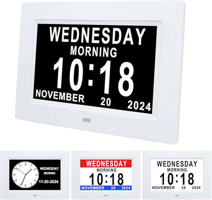 Johnziny 7 Inch Digital Clock with Day and Date for Elderly Large Display for Elderly Dementia Clock Customizable Alarms, 12 Alarms,4 Colors Display Digital Calendar Alarm Clock (White)