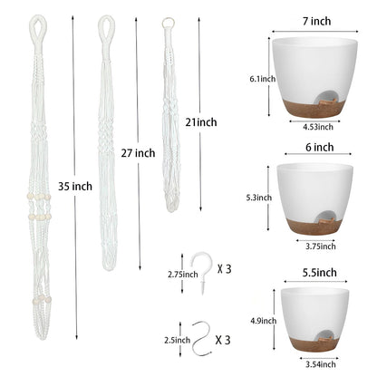 BLEAFLUV Hanging Planters with Macrame Plant Hangers for Indoor Outdoor Plants, 3 Set Hanging Baskets Flower Pots Holders 35''/27''/21'', Self-Watering Pots 7''/6''/5.5'', Boho Home Decor, White