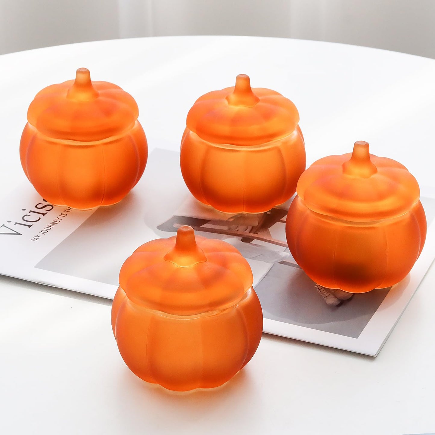 SYFURNIX Pumpkin Candle Jar for Making Candles, 4PCS Orange Glass Candle Jars with Lids, Small Candle Containers for DIY Candle Gifts Halloween Fall Thanksgiving Table Decorations