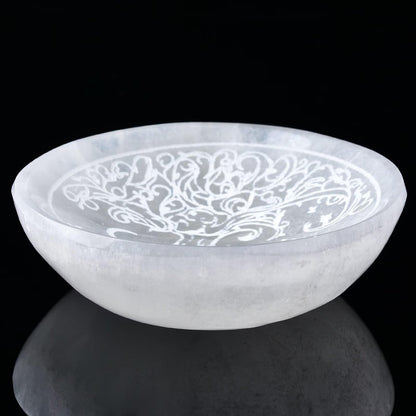 AMOYSTONE Natural Selenite Charging Bowl with Tree of Life Engraving 3.5-4'' Energy Cleansing Crystal Plate for Healing Meditation and Spiritual Home Decor