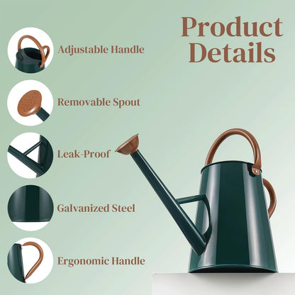 Metal Watering Can with Removable Spout, 1.5 Gallon Large Watering Cans for Plants, Galvanized Steel Gardening Water Can for Indoor & Outdoor Use, Watering Pot with Ergonomic Movable Handle (Green)