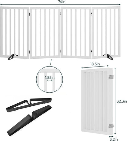 Semiocthome Freestanding Dog Gate 32" Tall, 4-Panel Foldable Dog Gates for Doorways Stairs House, Pet Gate Indoor with 2 Metal Stands, White