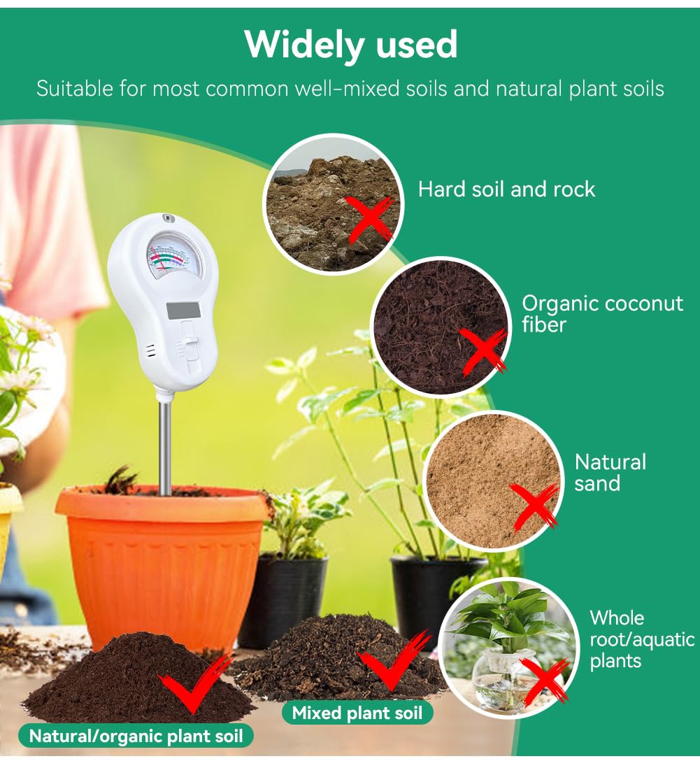 6-in-1 Soil Moisture Meter, PH Tester, Soil Moisture, Fertility, Sunshine Intensity, Temperature, Humidity, with Removable Probe for Gardens, Lawns, Farms (Including 1*AAA Batteries) (3)