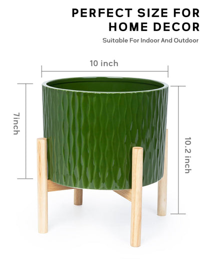 LaDoVita Ceramic Plant Pot with Stand, 10 Inch Planter with Wood Shelf, Modern Round Flower Pots Indoor with Wood Planter Holder, Dark Green Water Ripple Pattern