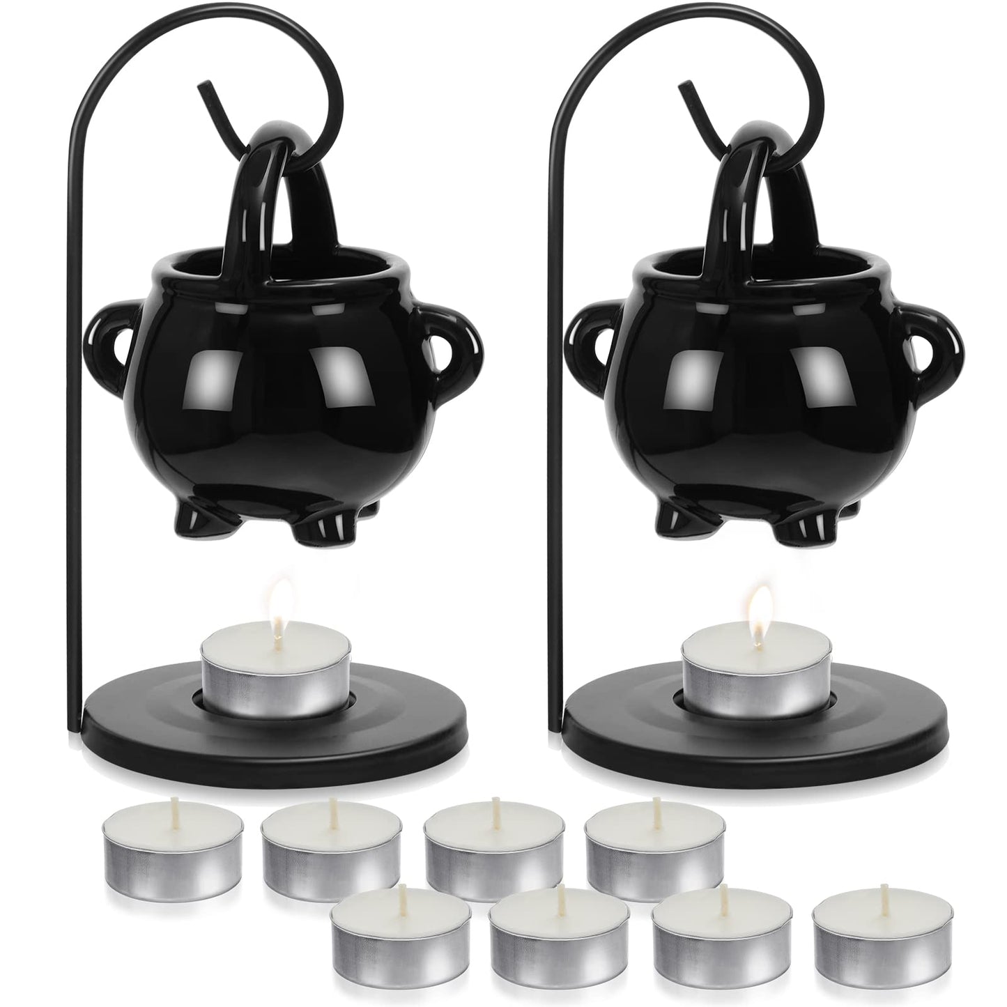 2 Pcs Hanging Pagan Cauldron Oil Burner, Cauldron Wax Warmer Diffuser with Handle 10 Pcs White Tea Lights Candles Witch Decor for Home Wax Melts Christmas Gothic