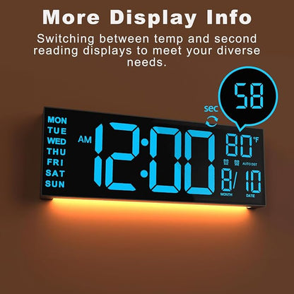 JALL 13" Large Digital Wall Mount Clock, Count Down Timer, Alarm, Big LED, DST, Temperature for Living Room Classroom Desk, Xmas, Birthday Gift for Senior Mom Dad, RGB