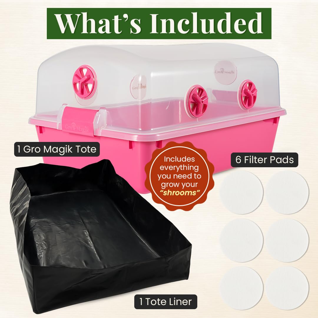 Gro Magik Premium Mushroom Monotub Grow Kit [XLarge, 68Q] Portable and Compact Fruiting Chamber with Plugs, Filters and Adjustable Air Vents, 22.8 x 15.7” x 12”, Pink