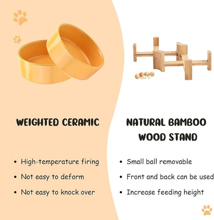 SPUNKYJUNKY 15° Slanted Ceramic Dog and Cat Bowl with Wooden Stand, Tilted Bulldog Food and Water Bowl No Slip Non-Spill for Cats Medium Dogs Big Face Pets 28.7 OZ (3.6 Cups, Yellow × 2)