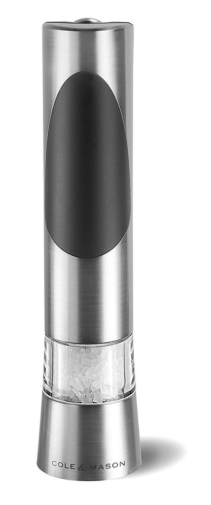 Cole & Mason Richmond Electronic Salt & Pepper Mill Gift Set - One-Button Electric Spice Grinder with Large Grinding Chamber - Requires 6 AAA Batteries - Hand Wash Kitchen Tool - Stainless Steel