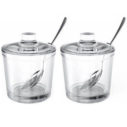 ZEAYEA Set of 2 Clear Glass Sugar Bowl, 6 Ounce Seasoning Box Condiment Pots with Spoon and Lid, Sugar Spice Salt Canister for Home Kitchen, Coffee Bar, Restaurant