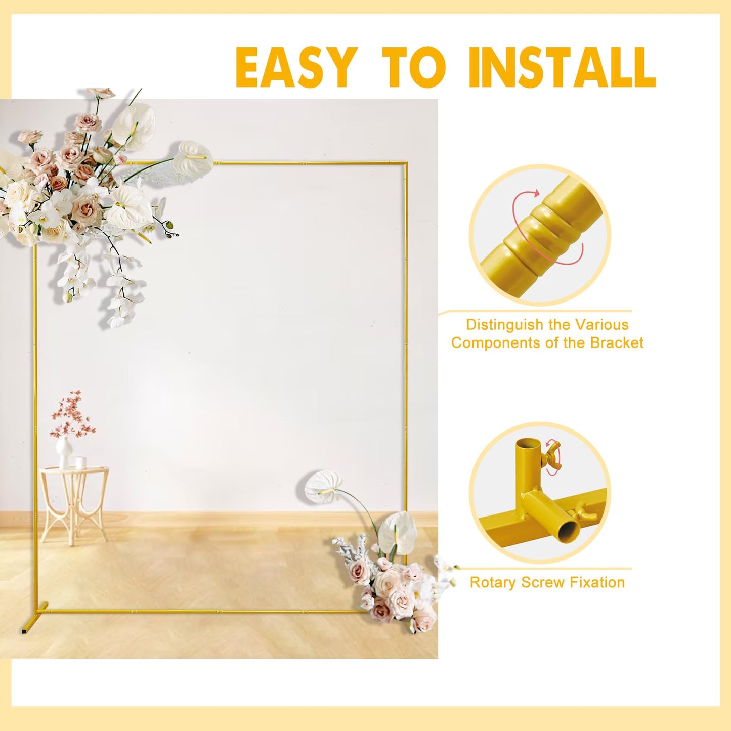 Gold Wedding Arch Backdrop Stand, 6.6FT*5FT Square Balloon and Flower Metal Aluminum Frame for Ceremony, Anniversary, Party, Baby Shower Photo Booth Decoration.