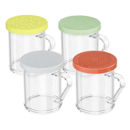 GATBO 4-Pack Plastic Dredge Shaker Set, 10 oz Clear Flour & Sugar Dispensers with Handles, Commercial Seasoning Shakers for Powder, Spices & Herbs, 4 Bodies & 4 Lids with Different Hole Sizes