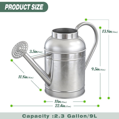 9L Metal Watering Can for Outdoor Garden, Galvanized Steel Large Watering Pot with Top Handle and Long Spout, Rust-Resistant Water Can for Flowers, Lawns, and Farm Use