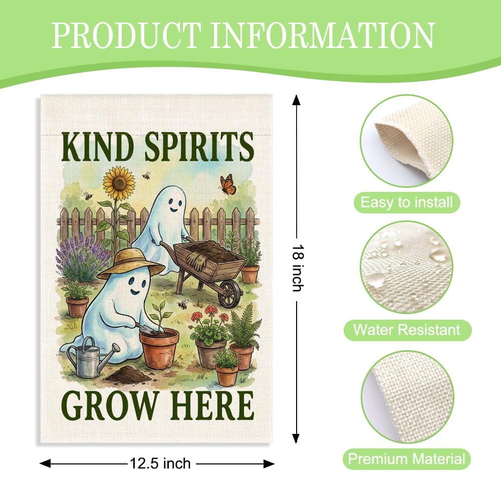 WHTYEFZ Kind Spirits Grow Here Garden Flag, Halloween Ghost Gardening Decor, 12 x 18 Inch Double Sided Cute Floral Planting Yard Flag, Halloween Gifts for Gardener Neighbor Friend Family Plant Lover