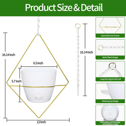 Hanging Planters for Indoor Plants, 2 Set Self Watering Hanging Flower Pots, Modern Hanging Plant Baskets with Metal Plant Holder & 6.5 Inch Plastic Pots for Garden Home Decor (Gold Frame White Pot)