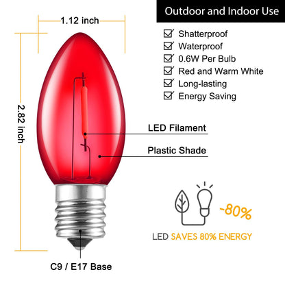 Minetom C9 LED Christmas Light Bulbs, 25 Pack Shatterproof, Red & Warm White, E17 Base, Dimmable Replacement for String Lights